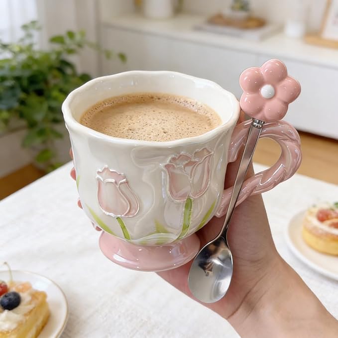 Ceramic Coffee MugEspresso Cup 14oz Pink Cute Flower withSpoon | novelty coffee - Image 4