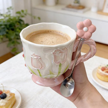 Ceramic Coffee MugEspresso Cup 14oz Pink Cute Flower withSpoon | novelty coffee - Image 4