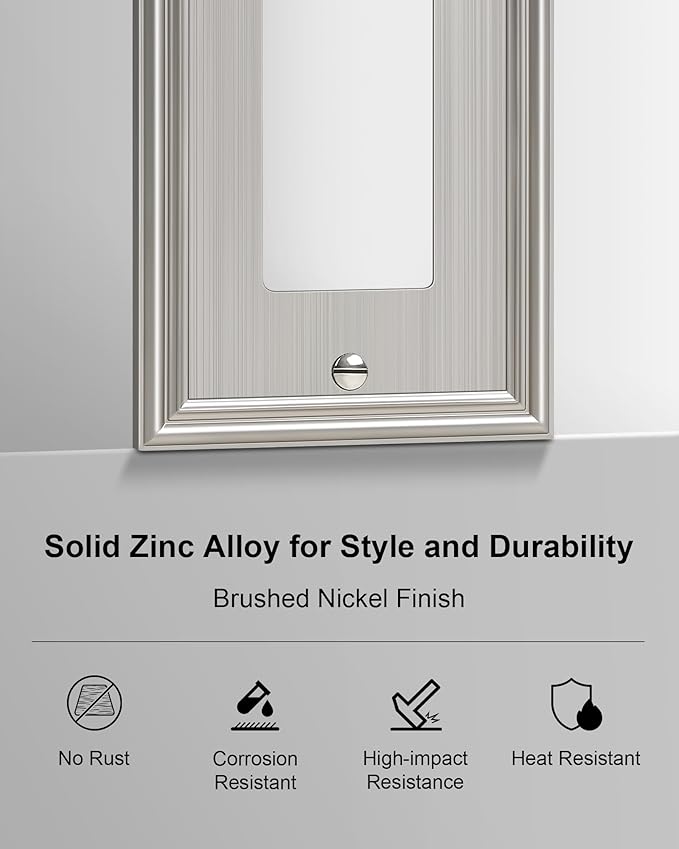 2-Pack Decorator Outlet Cover Plate, Brushed Nickel Decorative Switch Plates and Outlet Covers, Durable Zinc Alloy Wall Plates for Electrical Outlets, Receptacle, GFCI Outlet, Dimmer Switch