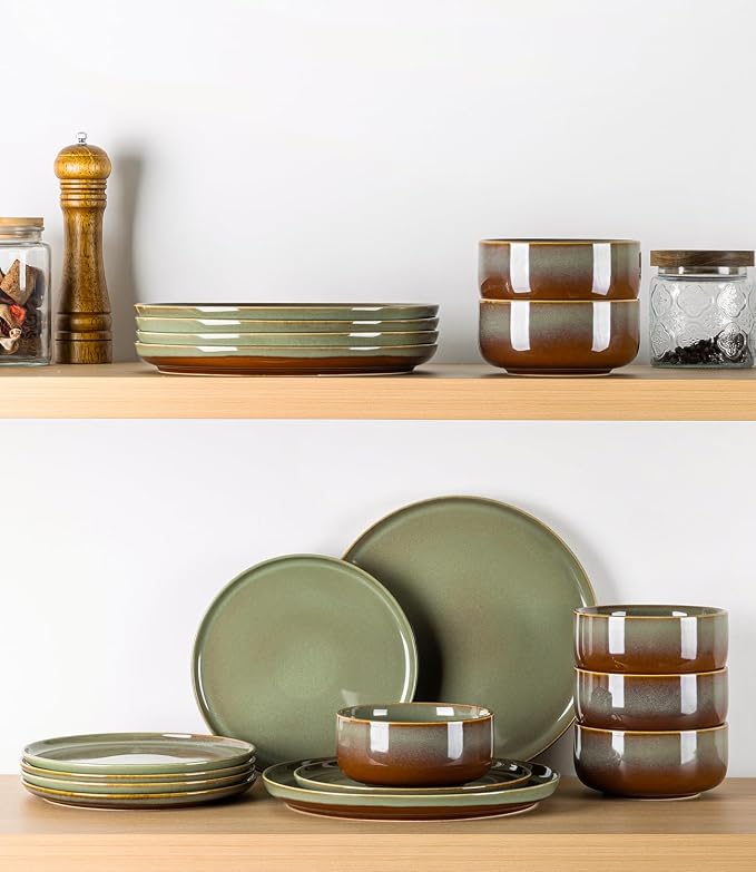 Ceramic Dinnerware Set for 4, 12-Piece Plates and Bowls Set | Handmade Reactive - Image 7