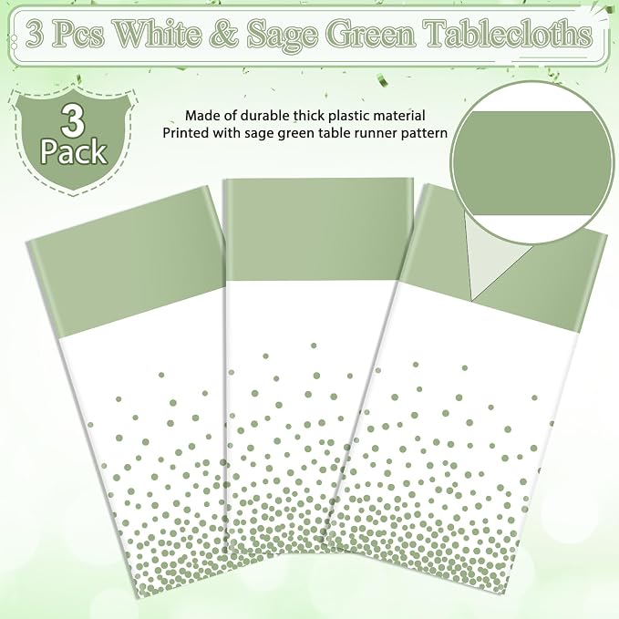 3Pcs White and Sage Green Tablecloth Decorations, Plastic White Table Cloth - Image 3