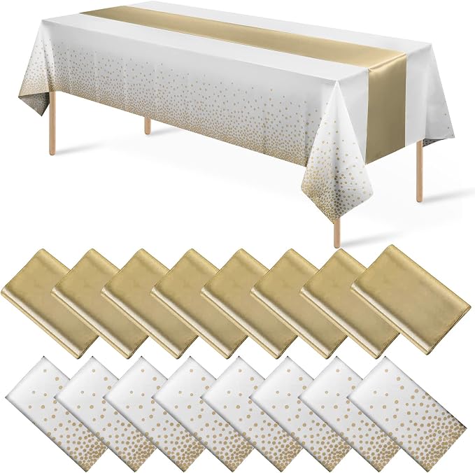 16Pack Disposable Plastic Tablecloths and Satin Table Runner Set White and Gold by MASHAN