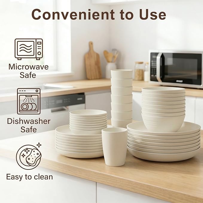 Dishes Set for 8, Wheat Straw Dinnerware Sets 40 Piece, Unbreakable Bowls and - Image 4