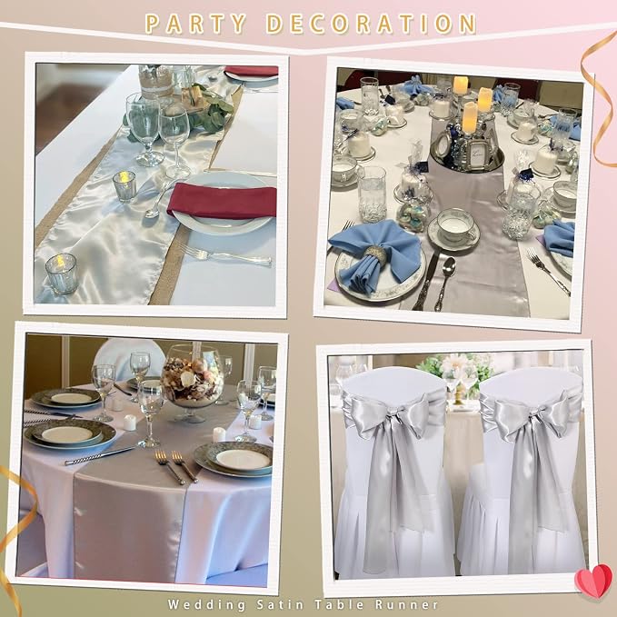 5 Pcs Silver Satin Table Runners 12x108 inch Bright Satin Silk Fabric | Smooth - Image 3