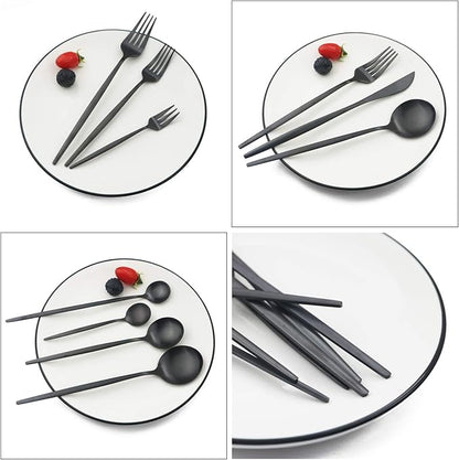 JASHII 32-Piece Tableware Set Stainless Steel Flatware Set with Coffee Spoon Long Handle Spoon Premium Cutlery Service for 4 Satin Finish Utensils for Home (Black)