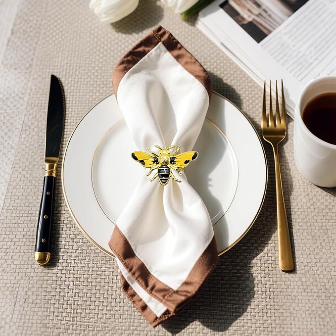 Bee Napkin Rings Set of 12 Glossy Yellow Honeybee Napkin Holders - Image 2