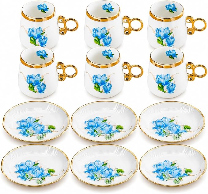 Porcelain Tea Cups and Saucers Set of 12, 100ml Espresso Turkish Coffee Cups - Image 5