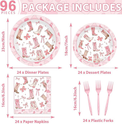 96Pcs Coquette Bow Cowgirl Happy Birthday Party Supplies Western Cowgirl Plates - Image 2