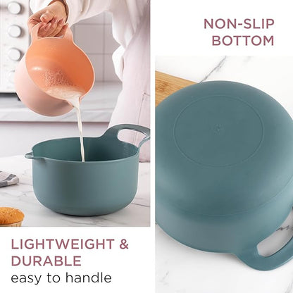 COOK WITH COLOR Nesting Plastic Mixing Bowl Set with Pour Spouts and Handles, Teal and Pink, 4 Piece Non-Slip
