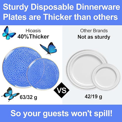 Hioasis 60pcs Blue Plastic Plates - Gold Rimmed Disposable, Hammered, Heavy-duty Dinnerware Set Suitable for 30 Guests, 10.25" Dinner & 7.5" Dessert Plates for Party & Wedding
