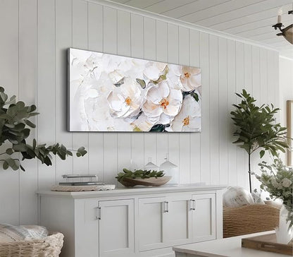 ADJUVANT Wall Art Impressionist Minimalist White Floral 40"L x 20"W, White Flowers With Subtle Tones Canvas Painting Delicate Petals Artwork Floral Wall Decor for Living Room Bedroom Bathroom Home Office
