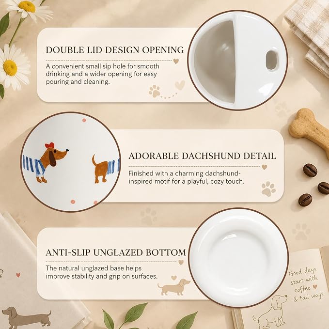 Ceramic Travel Coffee Mug 12 OZ, Cute Dachshund Pattern Coffee Cup, Handmade - Image 5