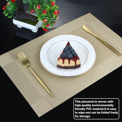 DACHUI Placemats Set of 8, Stylish Woven Place Mats for Dining Table, Washable & Durable PVC Table Mats (Gold)