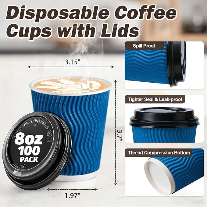 100 Pack 8 oz Insulated Disposable Paper Coffee Cups - Image 2
