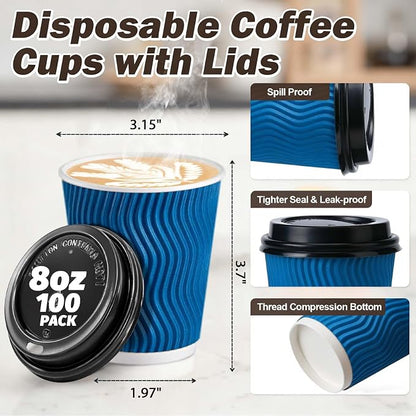 100 Pack 8 oz Insulated Disposable Paper Coffee Cups - Image 2