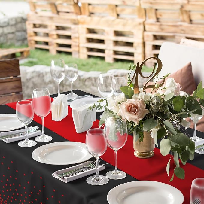 16Pack Disposable Plastic Party Tablecloths and Satin Table Runner Set Black - Image 6