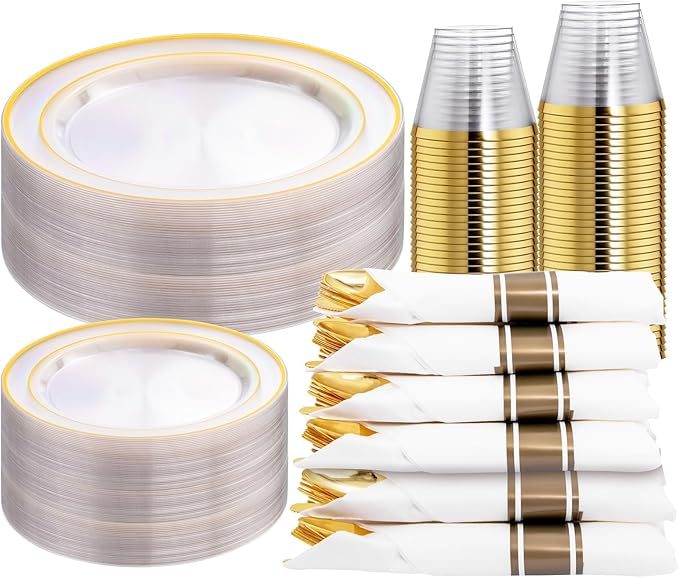 WELLIFE 210PCS Clear-Gold Plastic Plates by WELLIFE