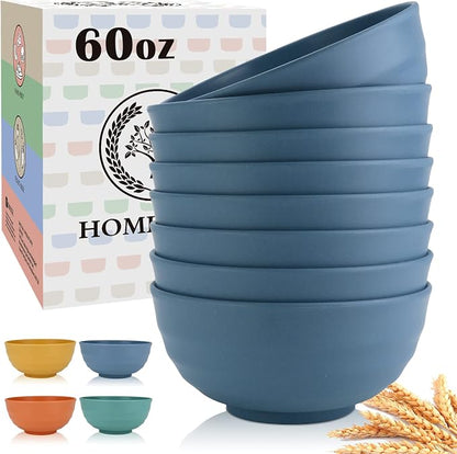 Deep Noodle Bowls Set of 8: 60oz Large Wheat Straw Bowls by HOMIENLY