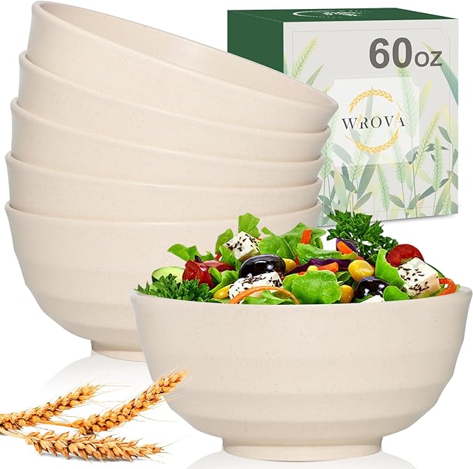 Wheat Straw Bowls Set 60 OZ, Unbreakable Large Beige Bowls Set of 6, Microwave by WROVA