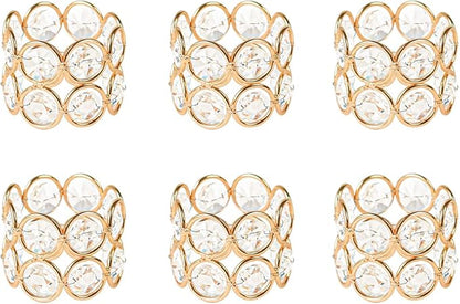 Crystal Metal Napkin Rings Set, Elegant Wedding/Party Table Decor, Shiny Holiday Dinner Accessories Bulk, Bridal Shower Gift, Anniversary, Christmas, Home Decor Essentials (Gold, 6-Pcs)