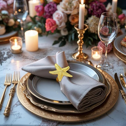 Decozen Set of 16 Gold Napkin Rings in Star Fish Design, Festive, Table Decor Setting for Holiday, Wedding, Birthday, Kitchen, Home Decor, Housewarming Gift - Mothers Day Decorations