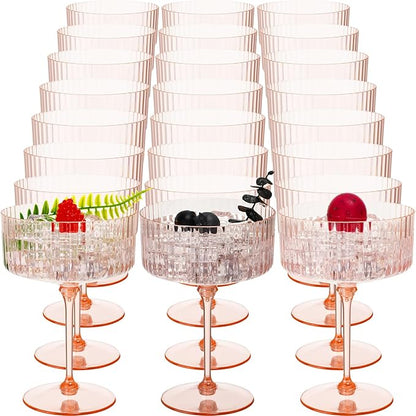24 Pcs Ribbed Martini Glasses 10 oz Disposable Plastic Vintage Ribbed Coupe Glasses Unbreakable Dessert Parfait Glassware for Wedding Birthday Party Supplies (Champagne Powder)