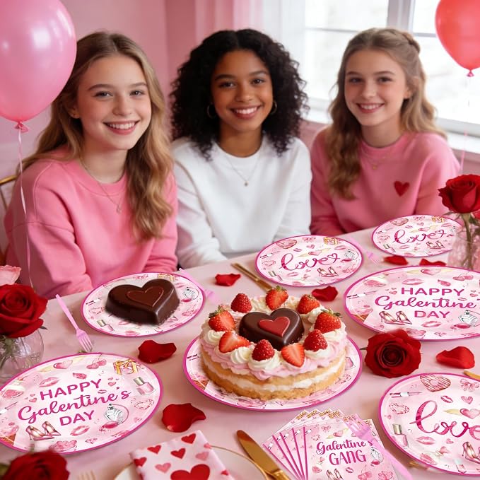 EUOYUFO 96Pcs Pink Galentine Party Decorations Tableware Set Happy Galentine's - Image 6