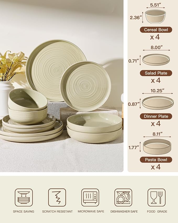 Stoneware Dinnerware Set with Pasta Bowls, Service - Image 7