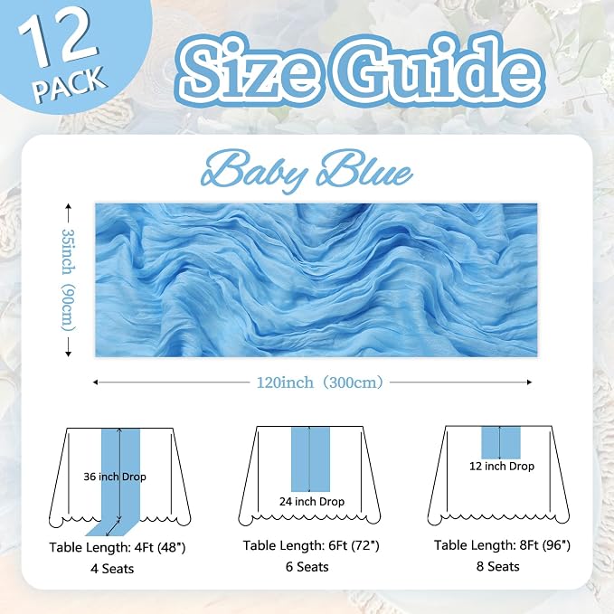 12 Pack Baby Blue Cheesecloth Table Runner 35 x 120 Inch | Boho Gauze Cheese - Image 2