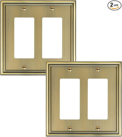 2-Pack Decorative Double Decorator Outlet Cover Plate, Durable Zinc Alloy Antique Brass Wall Plates for Electrical Outlets, Receptacle, GFCI Outlet, Dimmer Switch, 2-Gang, Corrosion Resistant