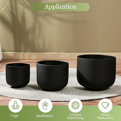 432HZ 7-11 Inch 3 Pcs Black Frosted Crystal Singing Bowl Set for Meditation Healing Yoga Chakra Quartz Crystal Sound Bowls with Heavy Duty Carry Cases and Rubber Mallet,Suede Striker,O-rings