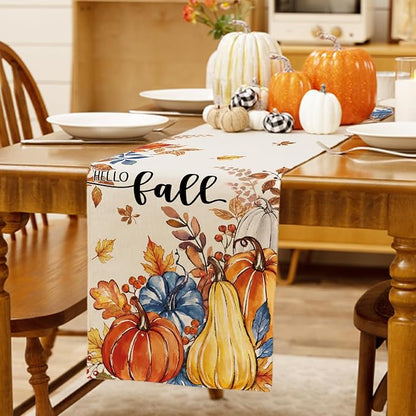 Hello Fall Pumpkin Table Runner Autumn Leaves Harvest Burlap Table Runners - Image 3