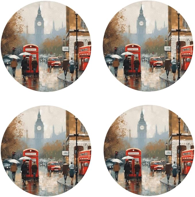 4Pcs Leather Coaster for Drinks London Impression Cup Coasters Aesthetic Drink by WSOIHFEC