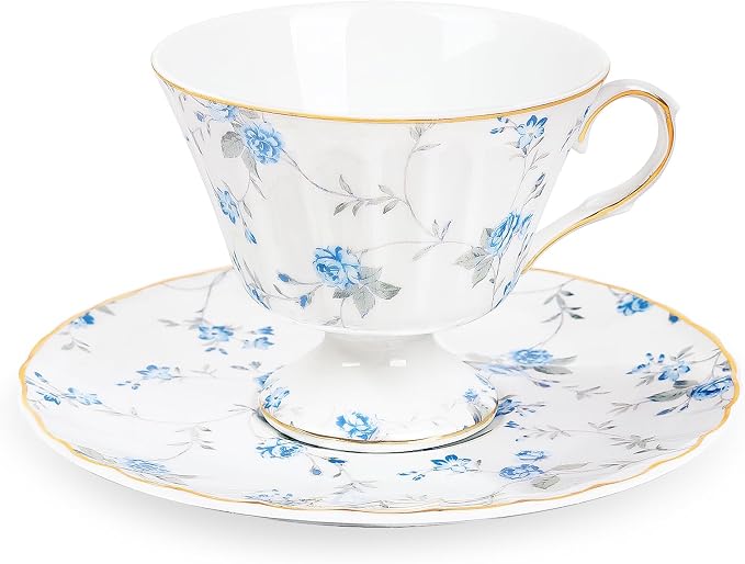 fanquare White Tea Cup and Saucer, Vintage Blue Floral Print Tea Cups by fanquare