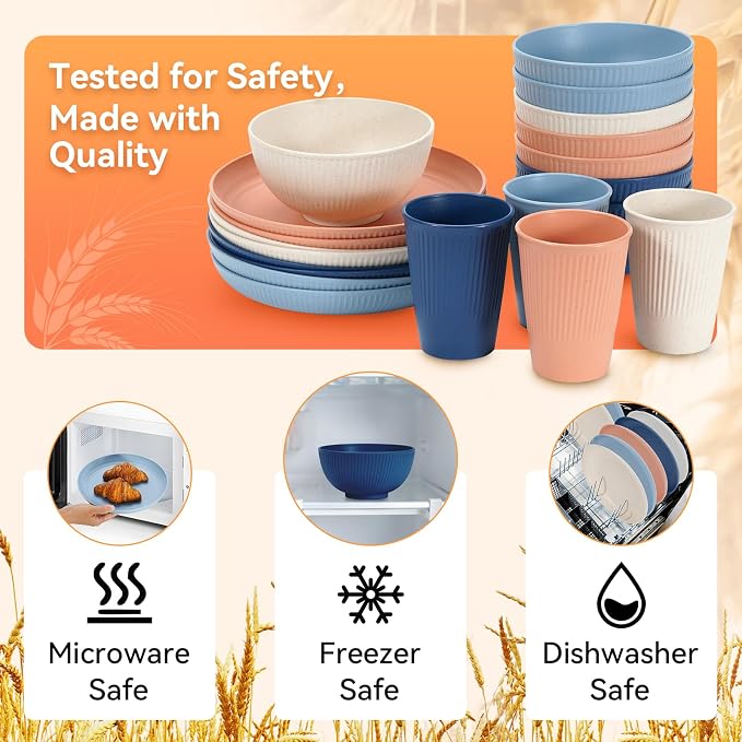 Wheat Straw Dinnerware Sets, 64-Piece Black Plates and Bowls Sets - Image 3