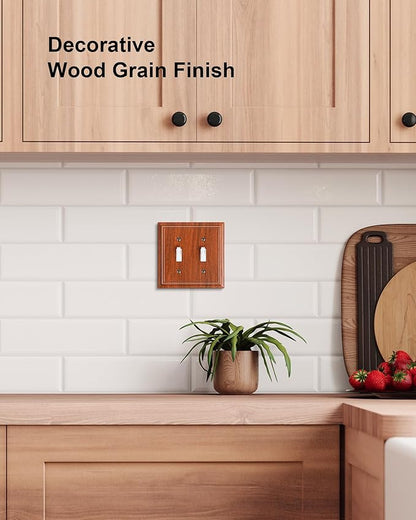 2-Pack Double Toggle Light Switch Cover Plate, Durable Natural Bamboo Fiber Decorative Switch Plate Covers, Wood Grain 2 Gang Wall Plate, Corrosion Resistant