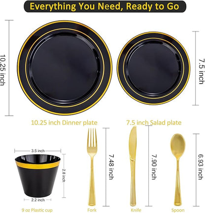 WELLIFE 350PCS Black and Gold Plastic Plates - Plastic Dinnerware Set for 50 Guests,Include 50 Dinner Plates, 50 Dessert Plates, 50 Black Cups 9 OZ, 50 Pre Rolled Napkins with Gold Silverware