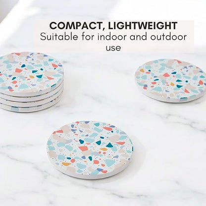 Terrazzo Coasters Set of 6, Ceramic Absorbent Drink Coasters, Cute Moisture Absorbing Coaster, Coffee Table Desk Decor, Colorful Stone Coaster for Drinks (Pastel)