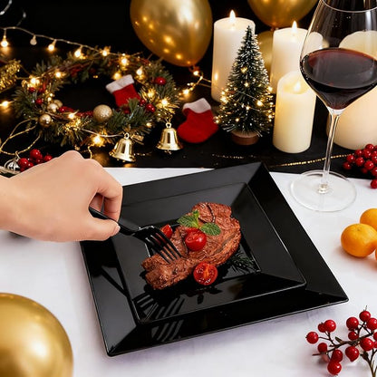 Liacere 60PCS Black Plastic Plates - Premium Square Disposable Plates - Include 30PCS 9.5inch Dinner Plates - 30PCS 7inch Dessert Plates for Party & New Year & Father's Day