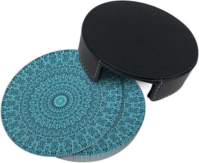 6 Pcs Mandala Turquoise Teal Blue Green Leather Coasters - Image 5