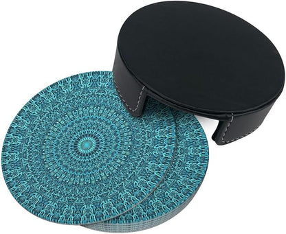 6 Pcs Mandala Turquoise Teal Blue Green Leather Coasters - Image 5