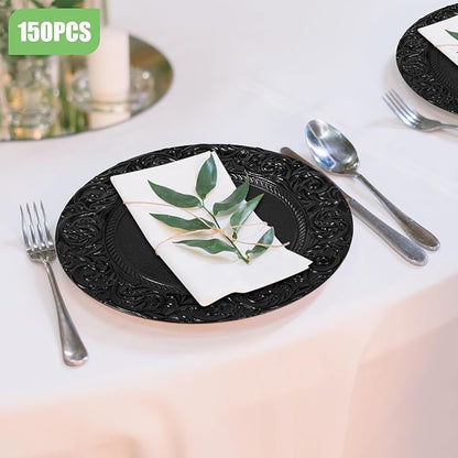 150 Pcs Charger Plates Set, Round Charger Plates, Reusable Serving Plates Embossed Rim Plastic Chargers Plate Decorative Round Plate Chargers for Dinner Plate Table Wedding Shower Decoration