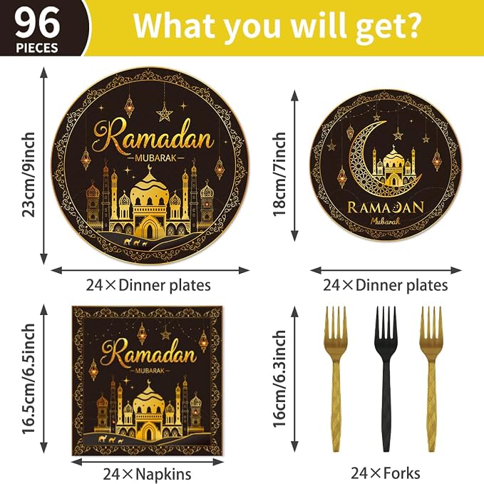 EUOYUFO 96Pcs Ramadan Party Tableware Set Eid Ramadan Mubarak Paper Plates - Image 2