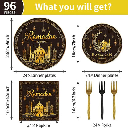 EUOYUFO 96Pcs Ramadan Party Tableware Set Eid Ramadan Mubarak Paper Plates - Image 2