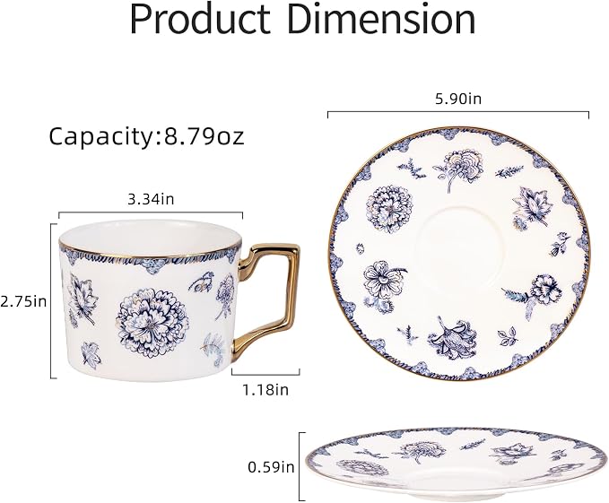 KAMMAK Tea Cups and Saucers Set of 2, Fine Bone China Coffee Cups, 571N | - Image 5