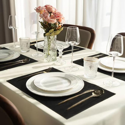 Placemats Set of 12 Vinyl/Plastic Woven Place Mats for Kitchen Table Indoor/Outdoor Washable Placemat Wipeable Dining Table Mats (Full Black,12)