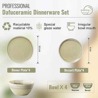 Plates and Bowls Sets, 12 Pieces Grass Green Dinnerware Sets for Kitchen, Reactive Glaze Dishes Set for 4, Dishwasher and Microwave Safe, Series Starflecked Shore (Grass Green)