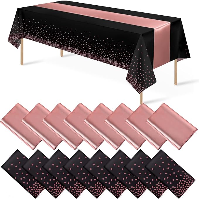 16Pack Disposable Plastic Tablecloths and Satin Table Runner Set Black and Rose by MASHAN