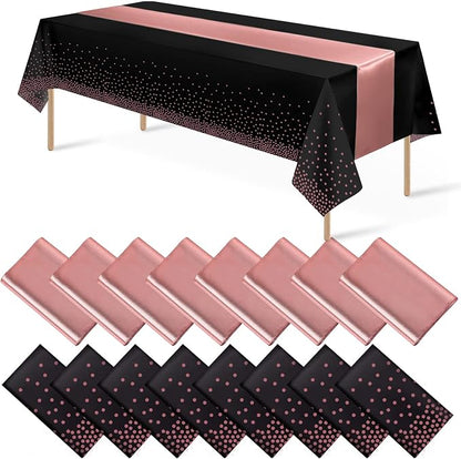 16Pack Disposable Plastic Tablecloths and Satin Table Runner Set Black and Rose by MASHAN