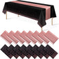 16Pack Disposable Plastic Tablecloths and Satin Table Runner Set Black and Rose by MASHAN